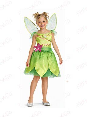 Disney Tinker Bell Costume Dress Girls Small 4-6 Fairy Halloween Green Wings